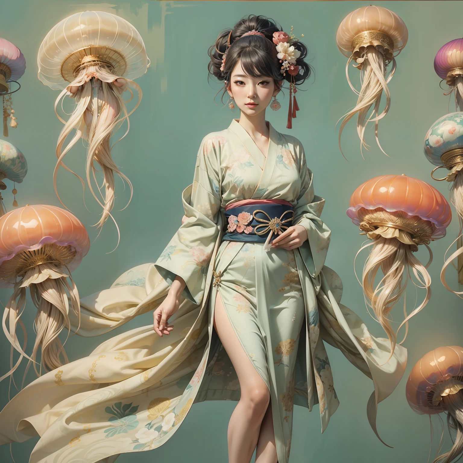 jellyfish woman, with a beautiful dress, full body,ukiyoe style,beautiful hands and legs,beautiful face,kimono style