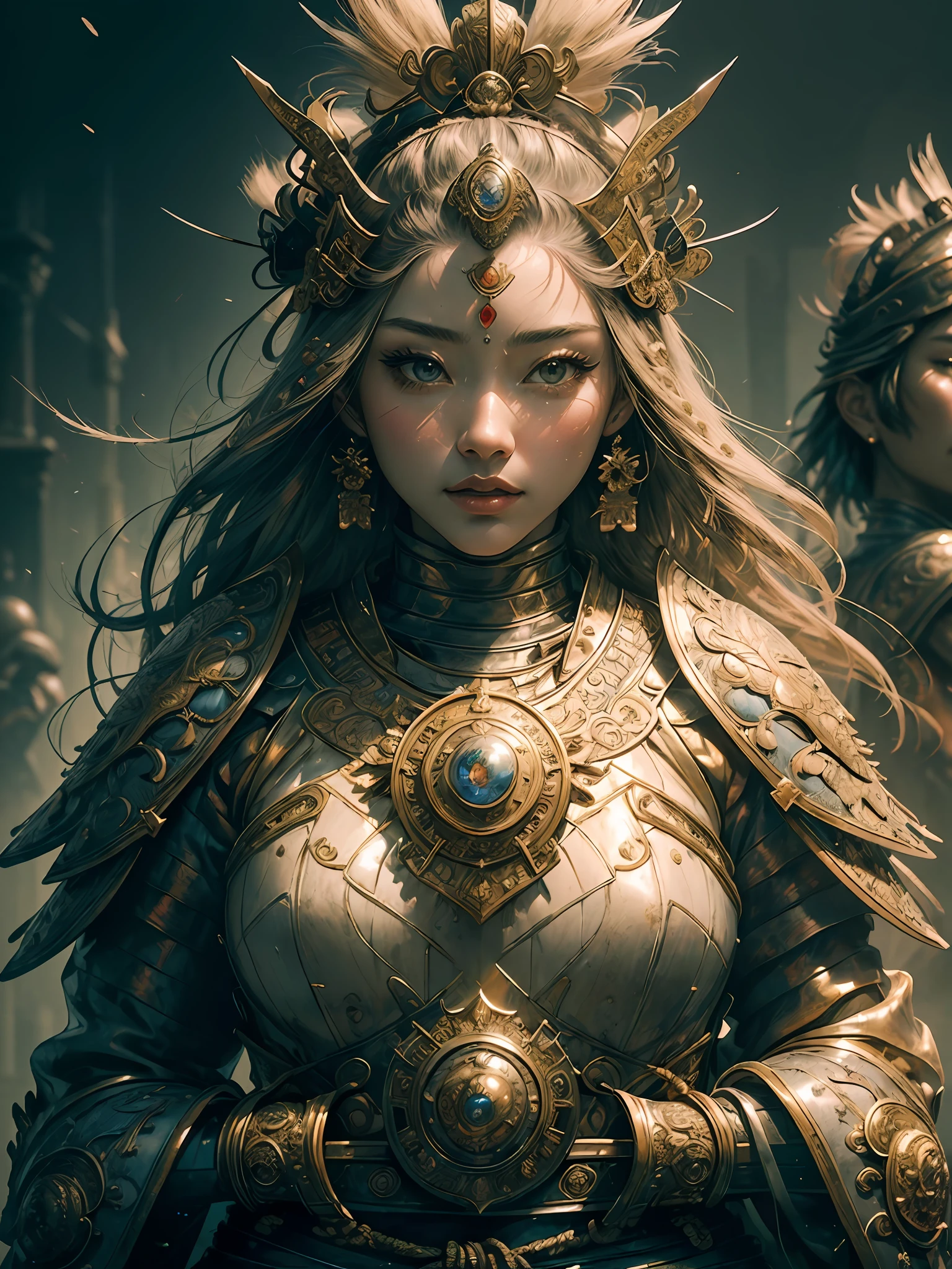 ((masterpiece))), (((best quality))), ((ultra-detailed)), (hyperrealistic), (highly detailed artwork), natural lighting, photorealistic, extremely beautiful young lady, light makeup, intricate detailed eaba, samurai, shining, gloss, crisp, flirty, statues, epic, azure
