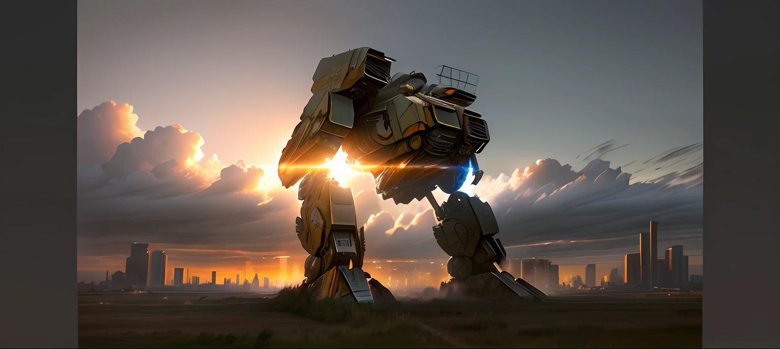 Giant weathered mech staning on a field, destroyed city in the background, dramatic lighting, cinematic, uhd, 8k, high details, masterpiece