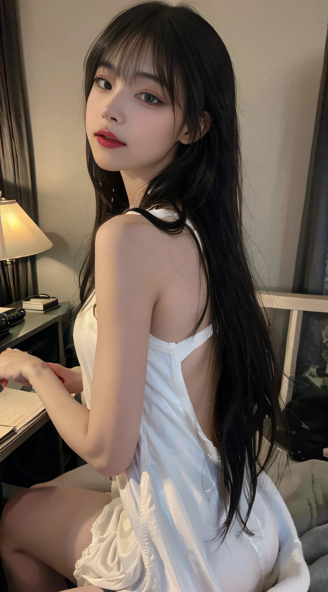 high high quality, tmasterpiece, 超高分辨率, (Photorealsitic: 1.4), RAW photogr, 1 rapariga, brunette color hair, Glow skin, 1 Mechanical Girl, (hyper realistic detailed)), sportrait, globalillumination, shadowing, rendering by octane, 8K, Super sharp,The groove exposes the original skin, metals, Intricate decorative details, Japanese details, very complex details, realistic raytraicing, CGSoation trends, a purple eye, glowing light eyes, facing at the camera, neon light detail、Mechanical limb、The blood vessels that connect the tubes、Mechanical vertebrae connected to the back、Sit Pose、Up、