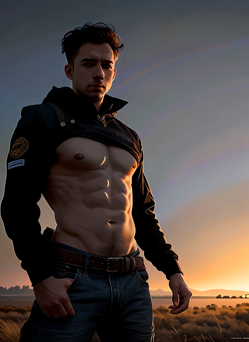 1 homem, um homem musculoso de 30 anos sem camisa , peito cabeludo , peito peludo , muito pelo no peito , with a watch, parte superior do corpo, Camera studio with 3 flashes, soft-lighting, obra-prima, melhor qualidade, 8k uhd, dslr, grain of film, pintura fotorrealista Fujifilm XT3 arte de midjourney e greg rutkowski