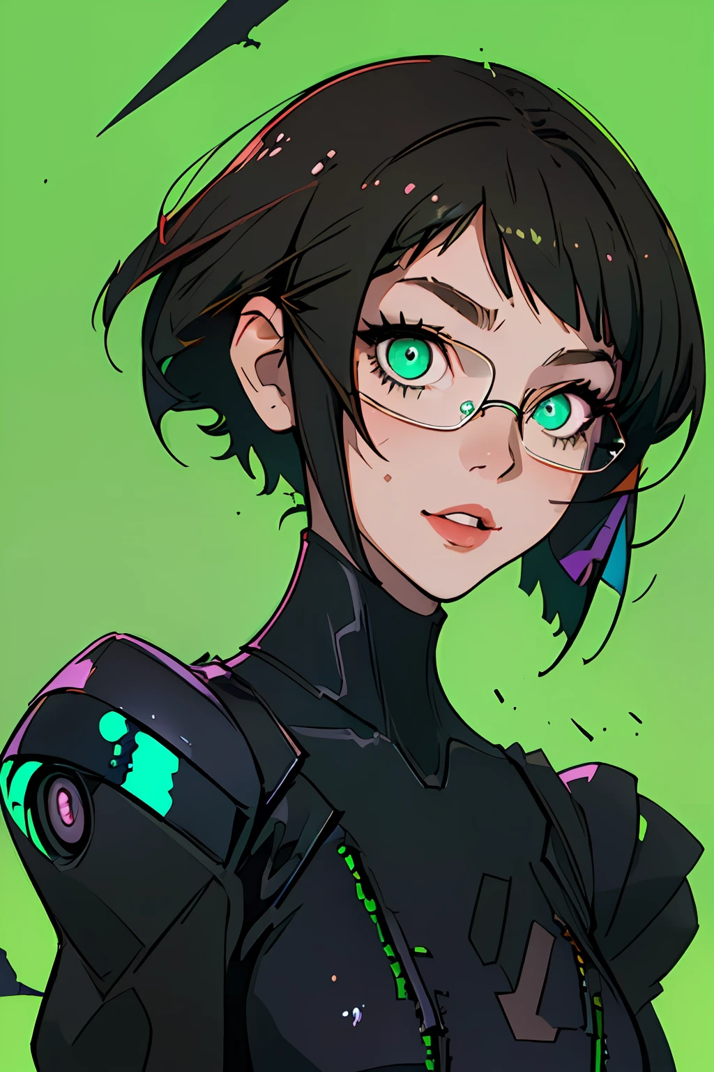 (beste-Qualit, tmasterpiece), Sparkling green eyes, a happy, square, (Short Hair Hair), dark colored hair, Cute glasses, upper-body, Tight cyberpunk costume, Cyberpunk style