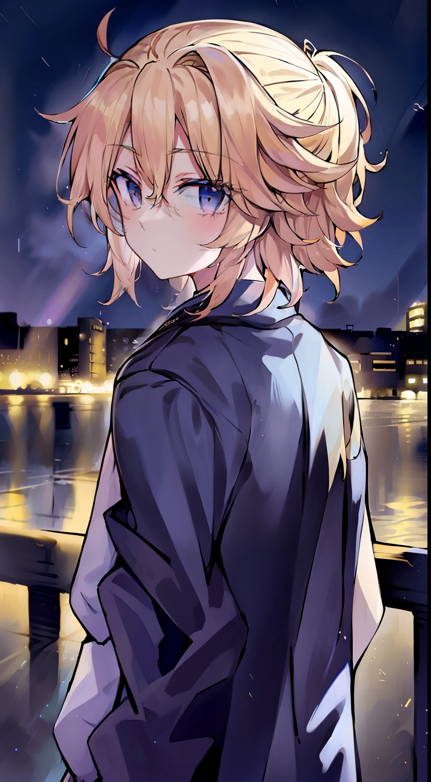 1boy，Faraway view，Golden hair，pony tails，blue color eyes，the night，Rainy days，city neon light，校服