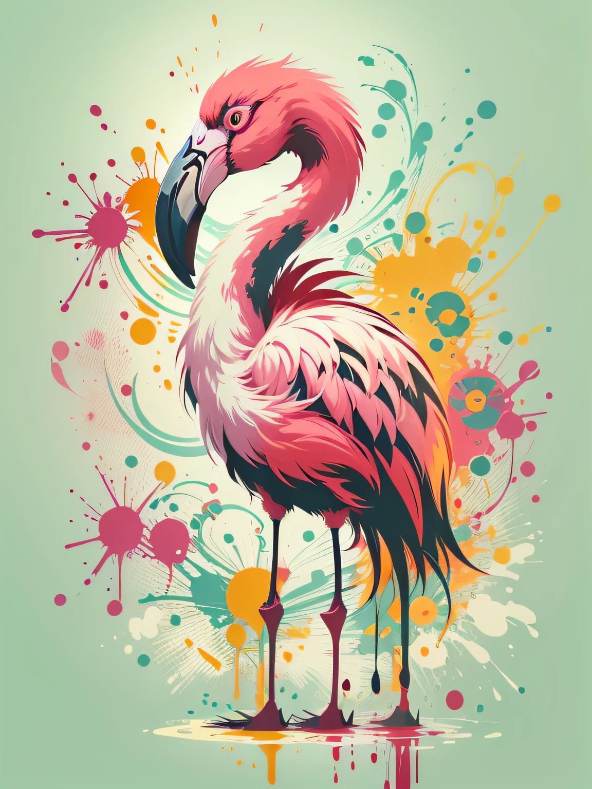 vector art, Colorful graffiti illustration of cute little flamingo, Bright colors, paint splashes and blots, high detail, whitebackground