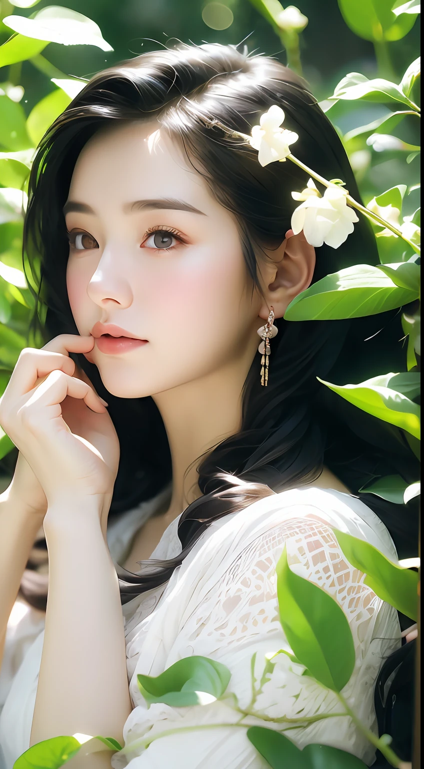 (8k, RAW photo, best quality, masterpiece:1.2), (realistic, photo-realistic:1.37),1 girl, full body photo, black hair, flowing hair, hazy beauty, extremely beautiful facial features, white embroidered dress, hairpins on her head, lying in a flower bush, hand dragging chin, perfect hand, white flower, (spring, rainy day, terraces, mountains), simple vector art, contemporary Chinese art, soft light, entangled scarf, overlook