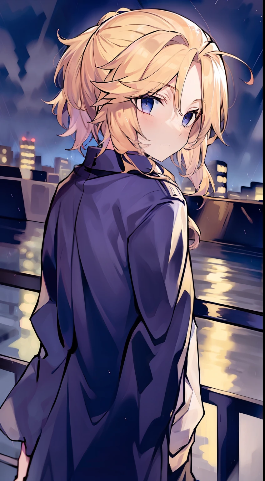 1boy,Faraway view,Golden hair,pony tails,blue color eyes,the night,Rainy days,city neon light,校服