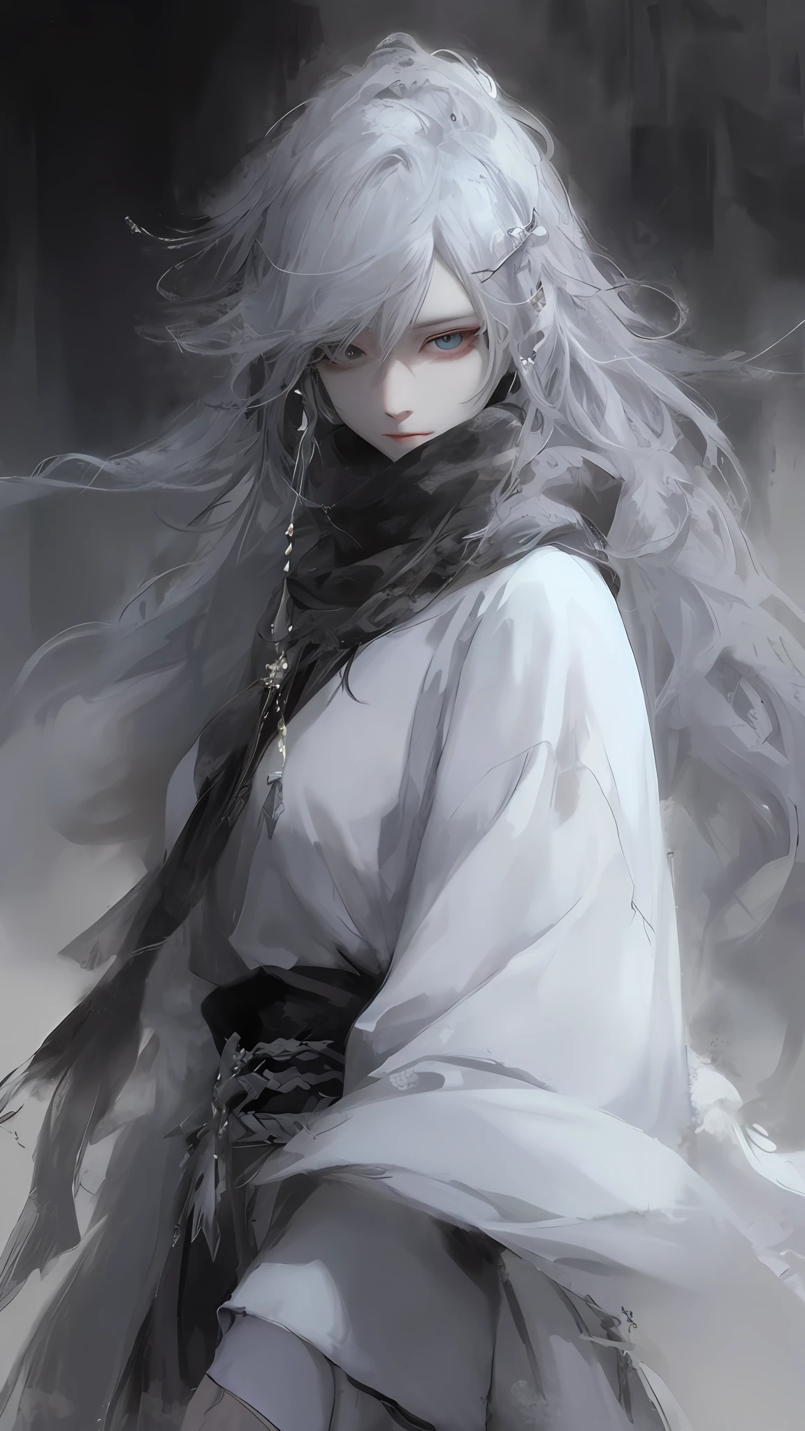 a close up of a woman with a white hair and a black scarf, a character portrait by Yang J, pixiv contest winner, fantasy art, white haired deity, beautiful character painting, artwork in the style of guweiz, the piercing stare of yuki onna, guweiz, with white long hair, with long white hair, flowing hair and long robes