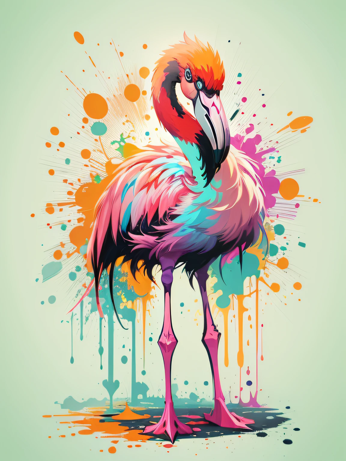 vector art, Colorful graffiti illustration of cute little flamingo, Bright colors, paint splashes and blots, high detail, whitebackground