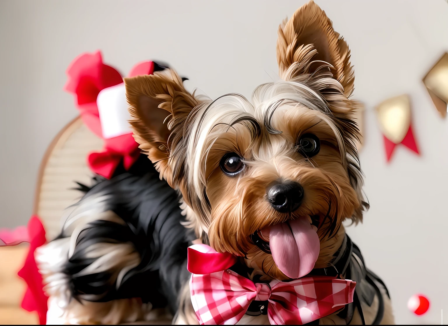 Estilo Modelshoot, foto do perfil, melhor qualidade, alta qualidade, ultra realista 8k, desenho, cinemactic, obra prima, There is a small Yorkshire terrier dog wearing a bow tie and a red shirt, he's got his tongue out, sorrindo feliz, sorrindo, olhos pretos penetrantes, peludo bonito precisa de sua ajuda, aw, foto retrato, instagram post, absolutamente, muito bonito, foto do perfil, retrato!!,