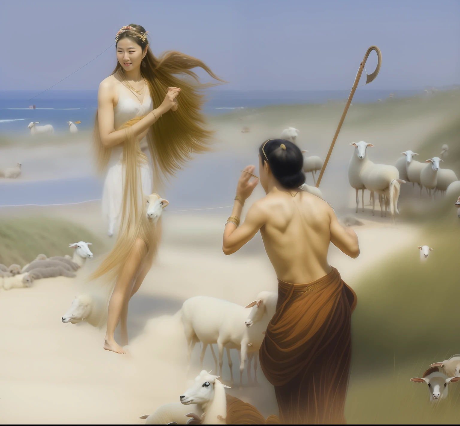 Shepherds and sirens with long hooks on the beach, Haenyeo has many long hairs，Conch in hand，Beautiful figure walking from the beach，The shepherd knelt in the grass，There are several sheep in the distance，