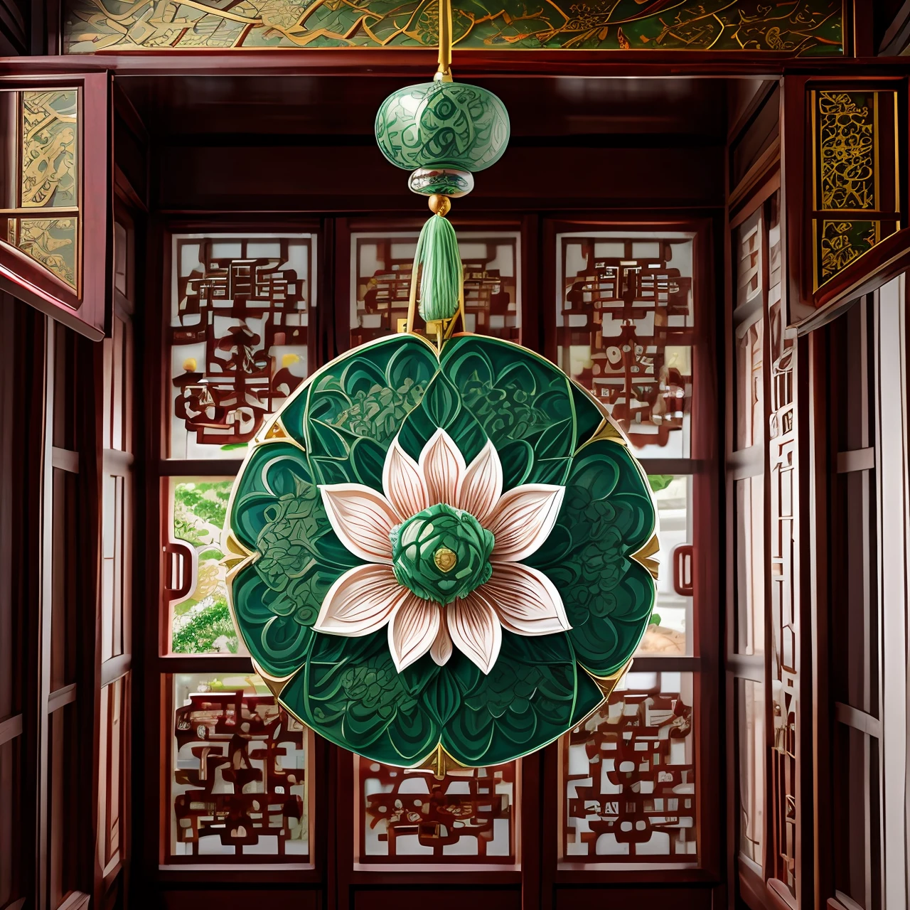 tmasterpiece，hyper qualit，Chinoiserie style，Classic elegance，Lotus pattern classic jade pendant，The surface of the jade pendant is decorated with a delicate lotus pattern，extreme hight detail，4K，Fantastic light and shadow，fantasticcolors