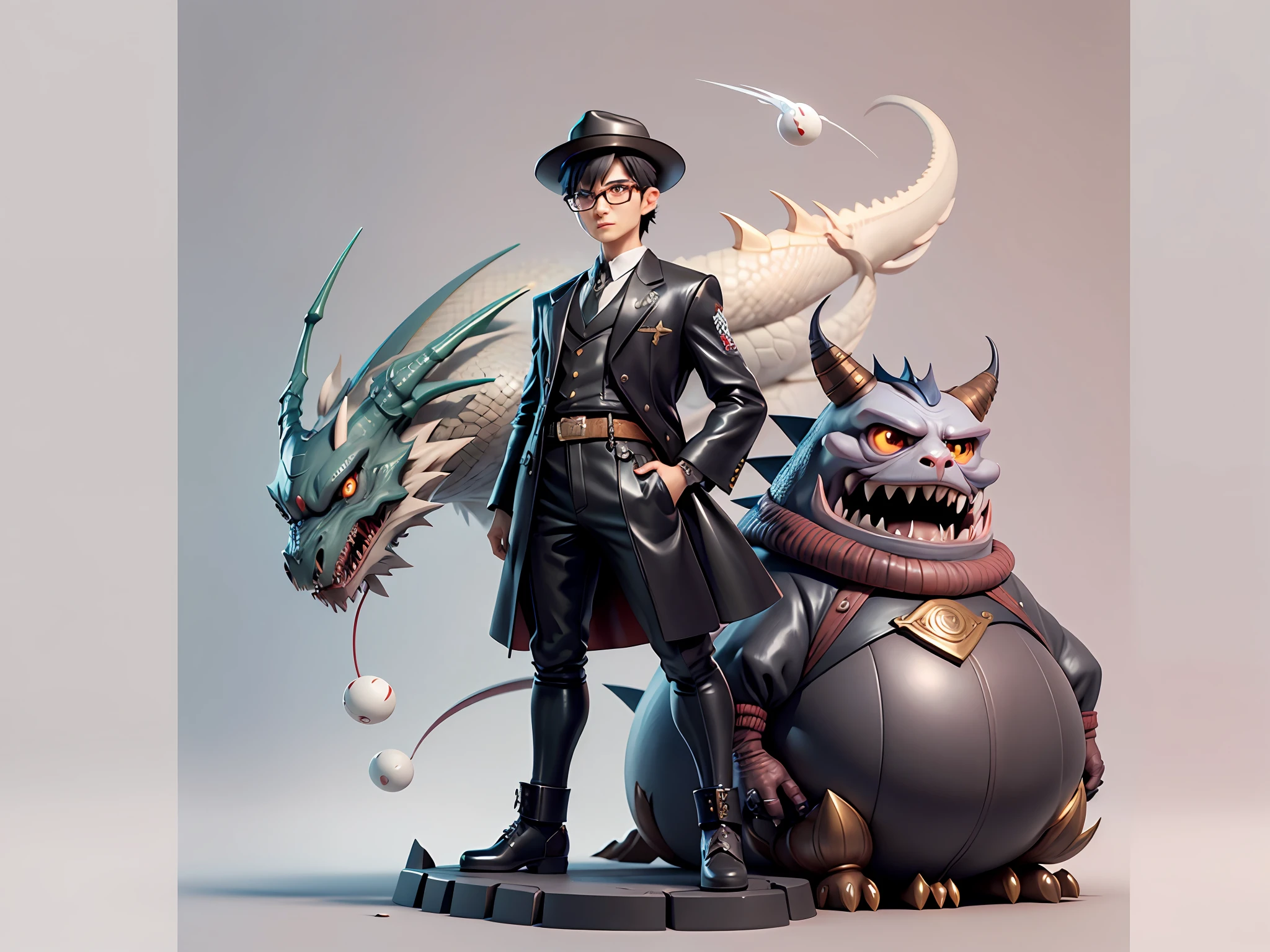 Young man with oriental face in leather hat, dragon, formal suit, short black hair, silver glasses, digital painting, 3D character design by Mark Clairedon and Pixar and Hayao Miyazaki and Akira Toriyama, the illustration is a high-definition illustration in 4K resolution with very detailed facial features and cartoon-style visuals.
