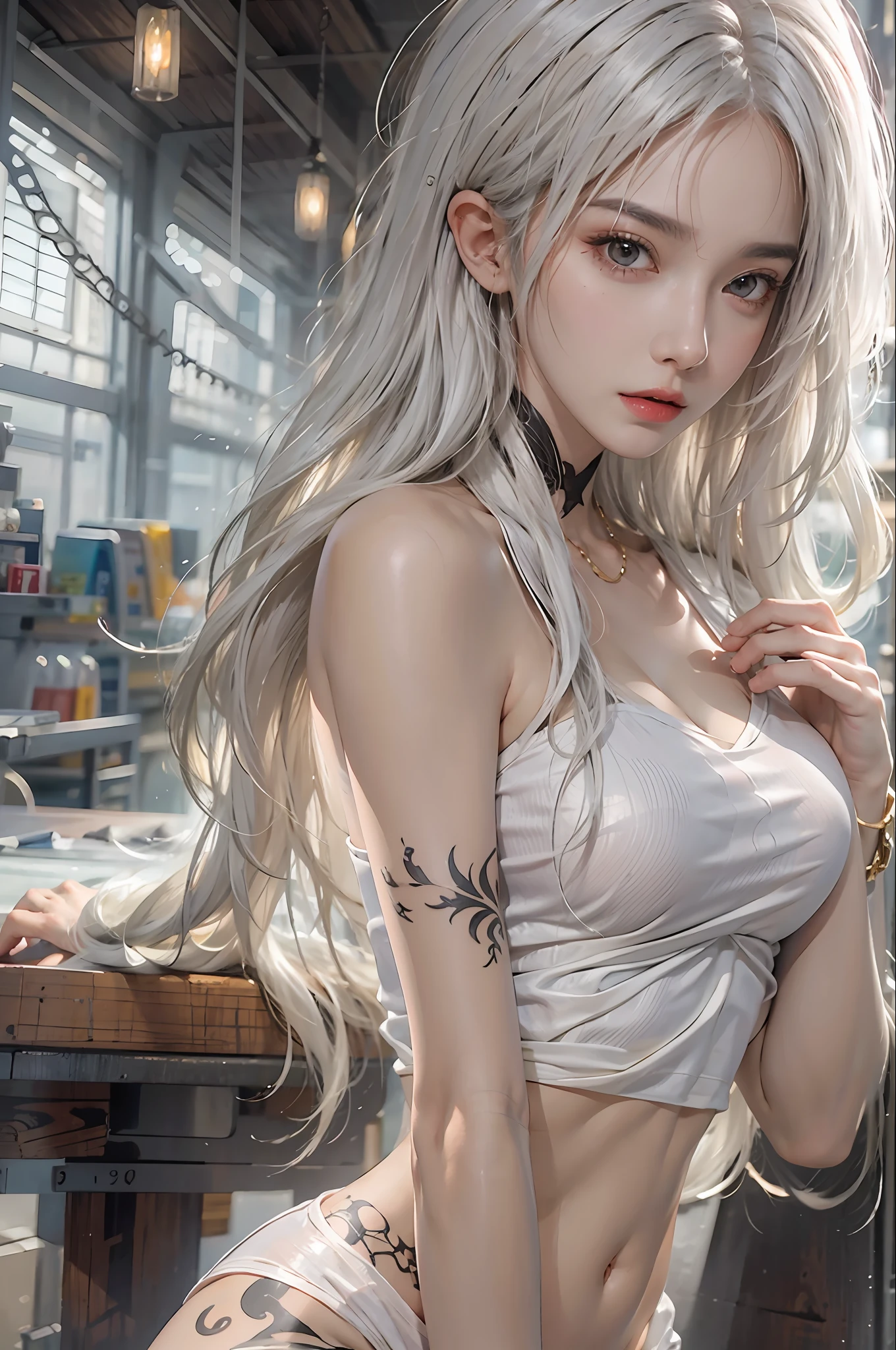 photorealistic, high resolution, 1women, solo, hips up, look at viewer, (detailed face), white hair, long hair, medium breasts, Stomach tattoos