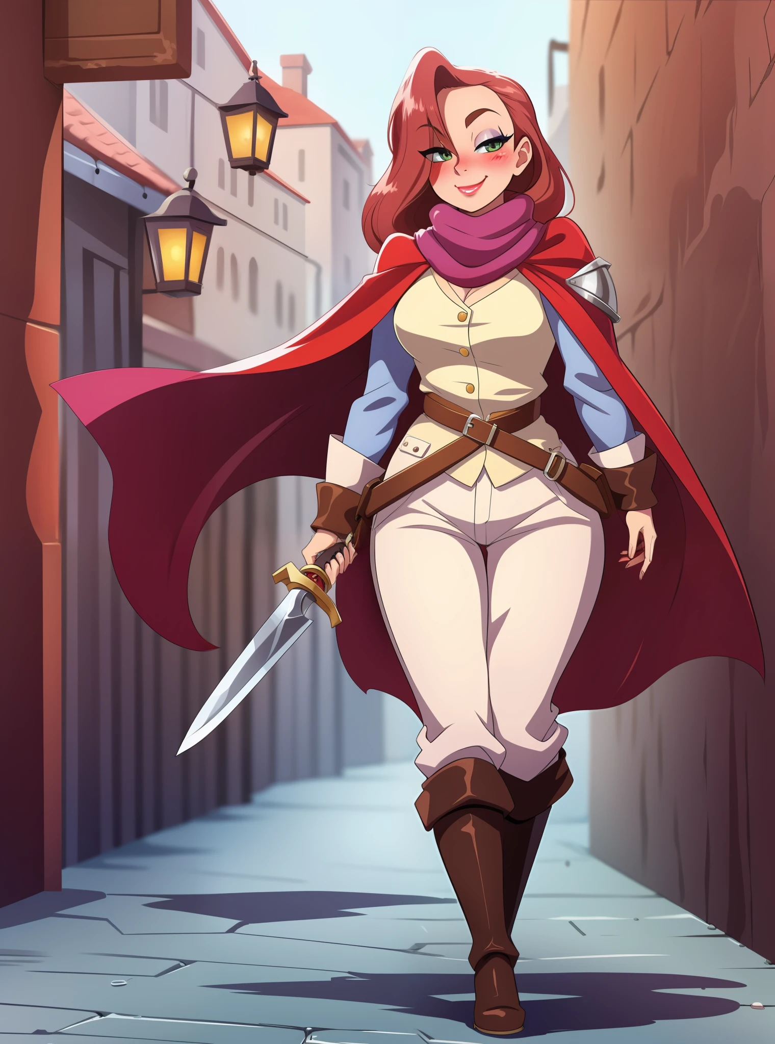 (JessicaWaifu:1),1girl, cute, cloak, thief, scarf, cape, rpg, medieval fantasy, pants, vest, walking,knife holding,smile, blush, full body