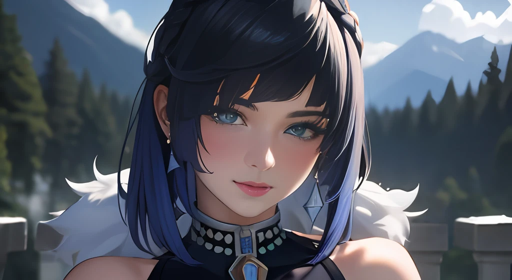 (8k, RAW Photo, Best Quality, Masterpiece:1.2), Ultra Detail, Super Resolution, (Realistic, Realistic Photo:1.37), Portrait, High Detail RAW Color Photo, Professional Photo, Extremely Detailed and Beautiful, Extremely detailed, 8k wallpaper, amazing and detailed, huge file size, official art, highly detailed CG unity 8k wallpaper, highly detailed beautiful girl, highly detailed face, highly detailed eyes, highly detailed skin, highly detailed fingers, highly detailed nose, very detailed detailed mouth , perfect anatomy, highly detailed background, highly detailed clothes,yelendef, full body, smile, blush, outdoors, day, simple background, blue sky,  hair strands, sky, temple, looking at viewer, stairs, mountain, moody lighting, facing viewer,, big boobs,