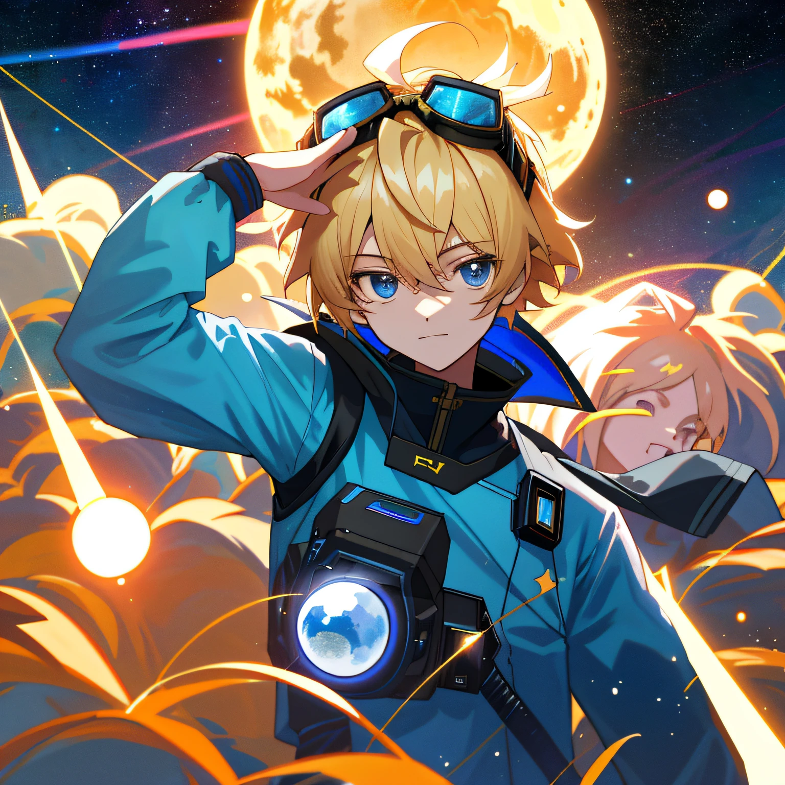 4K，A high resolution，tmasterpiece，best qualtiy，Head：1.3，nigh sky，As estrelas，dynamic angle，[：（详细的脸:1.2):0.2], Short blonde hair，goggles on head，beautiful blueish eyes，Spacesuit，ssmile，having fun，head straight-looking at viewer，schoolboy，young  male，shoun，boy