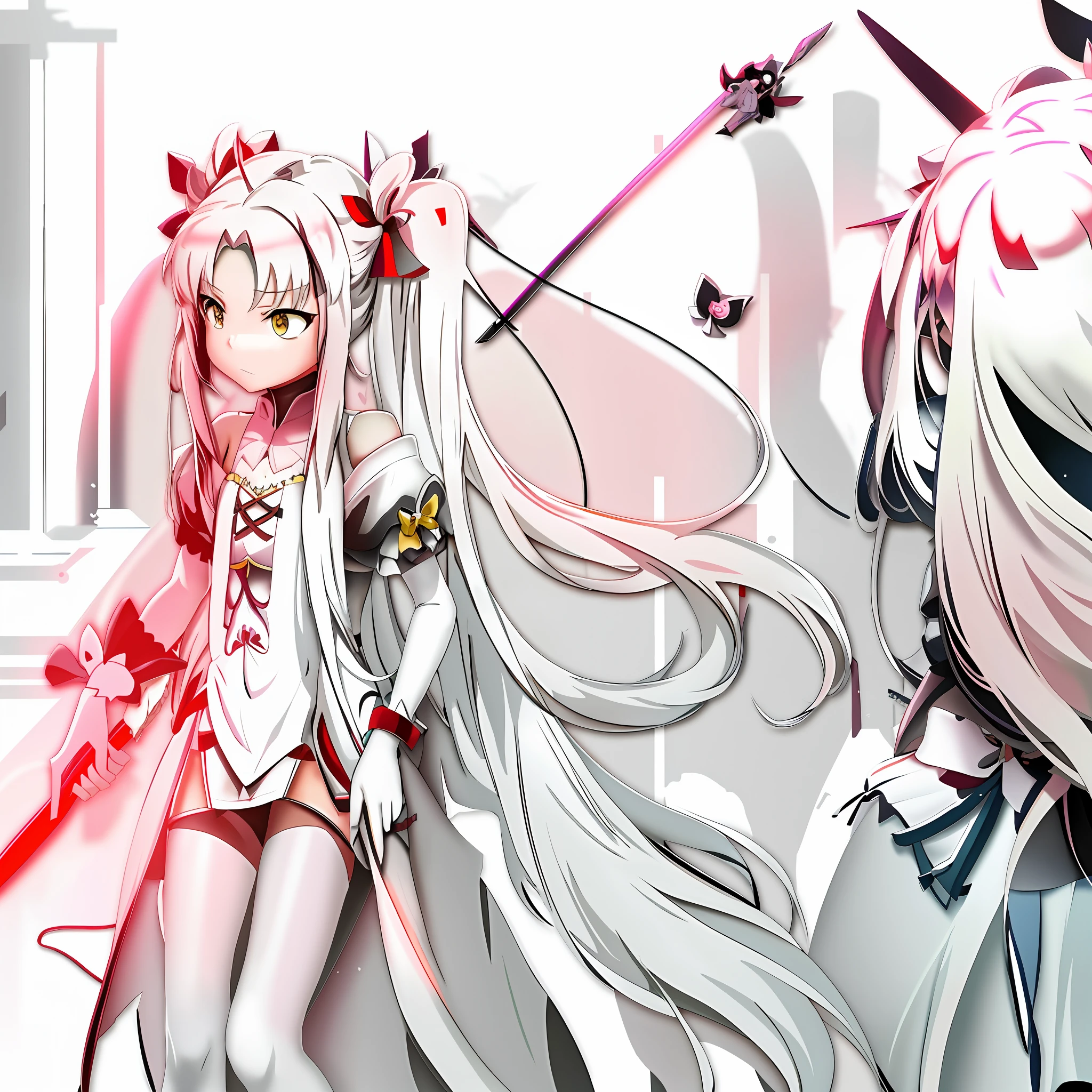 Anime girl standing next to another girl with long hair and sword，Best anime 4k wallpapers，White-haired god，Long guns for anime girls，Yellow skin，Pixiv style，number art，Anime style 4K，madoka kaname，cheerfulness！From Arknights，author：Shitao，zerochan art，Pisif
