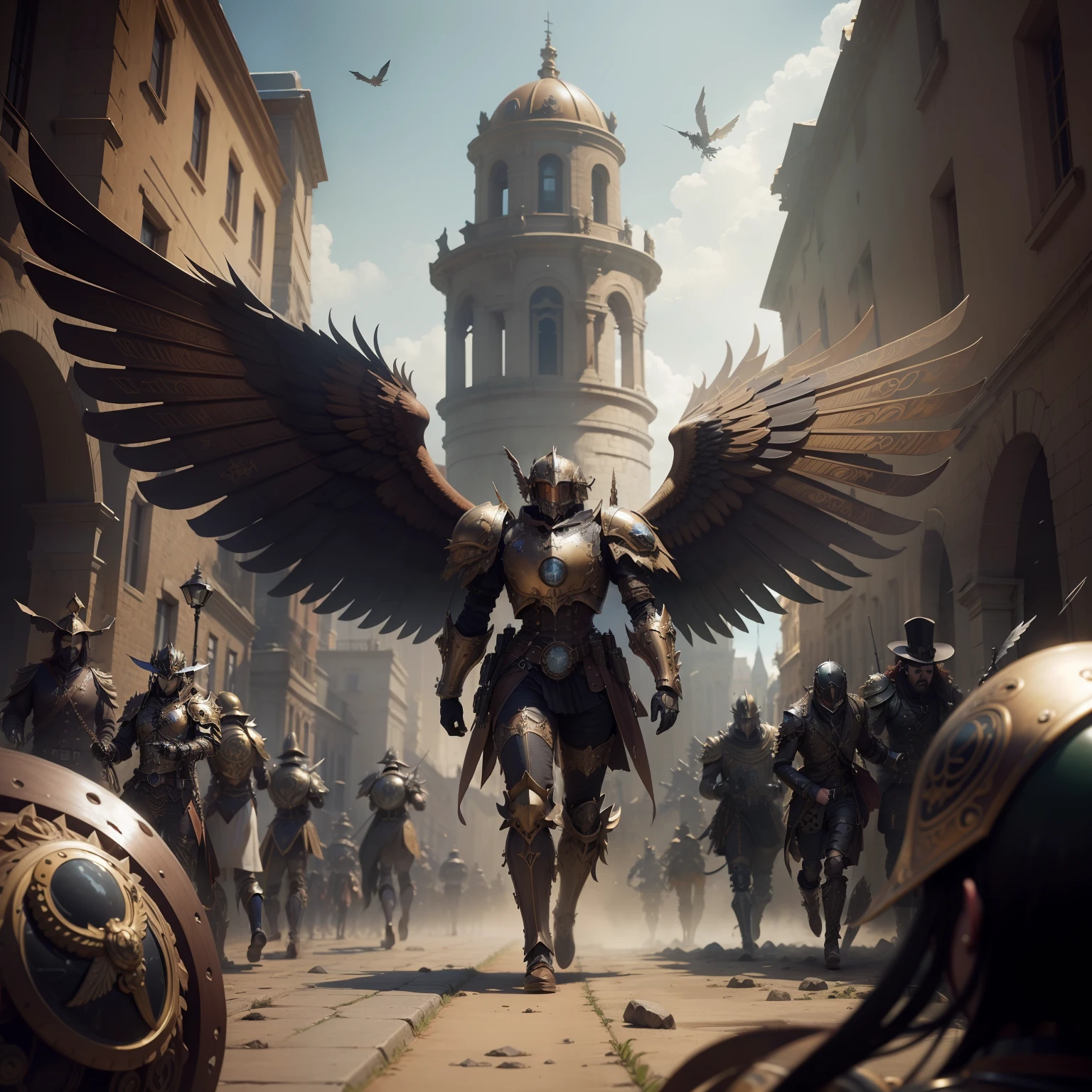 steampunk winged knight, dynamic pose, baroque chromatic armor, steampunk weapon, ( backgroud: armored steampunk army marching