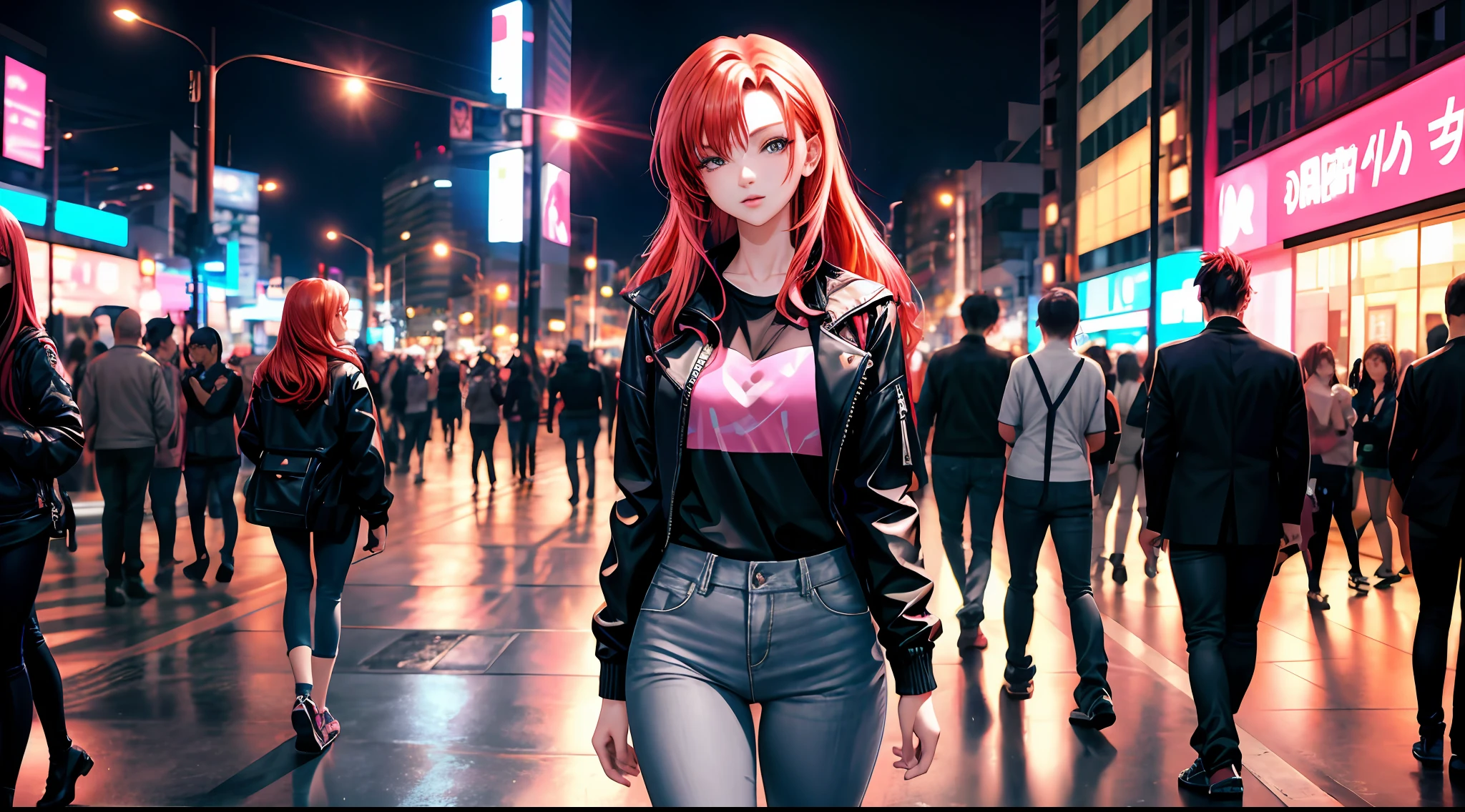 anime woman with redhead hair, black jacket, pink shirt, gray jeans pants, In Sao Paulo, avenida paulista, noite, city lights, 4k