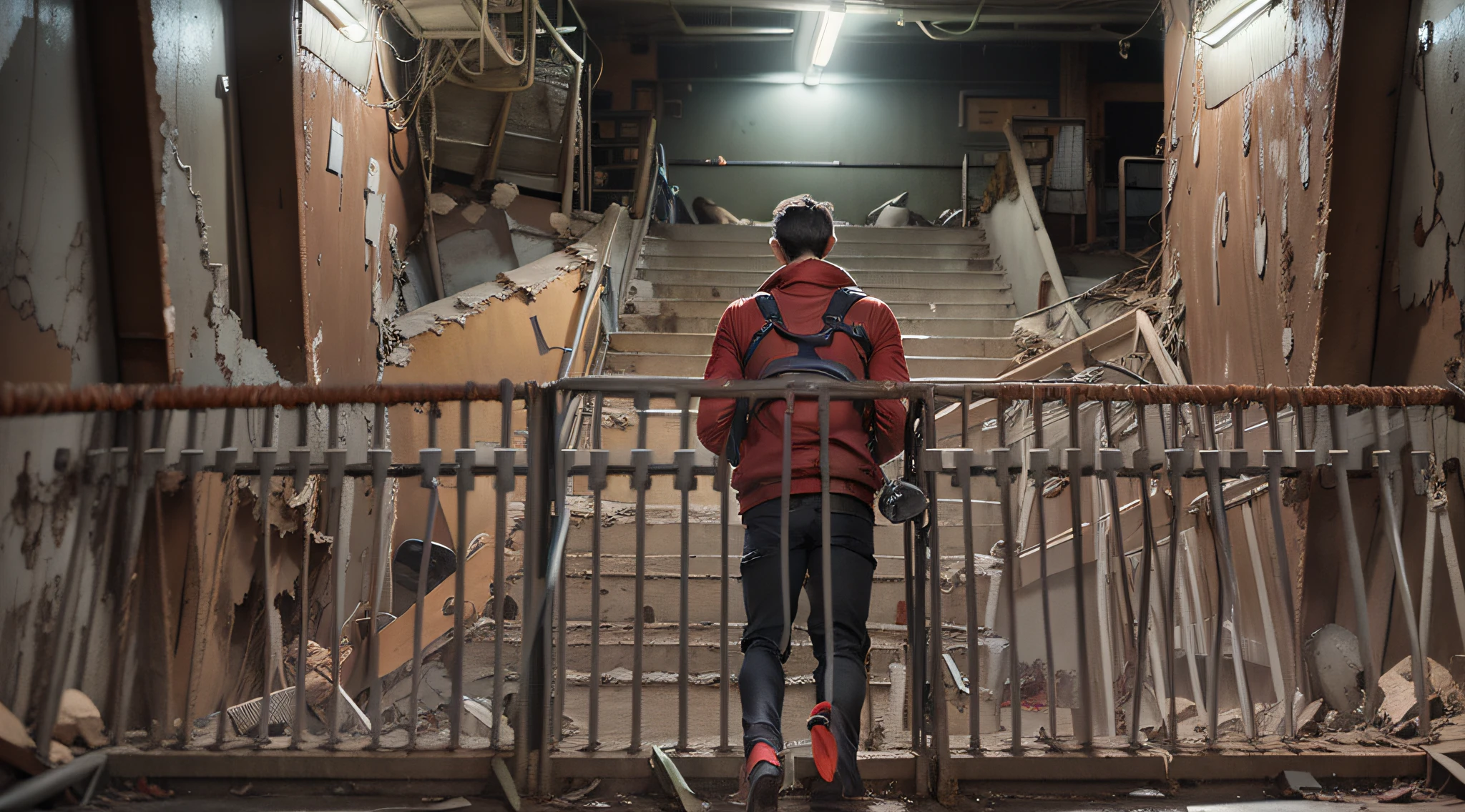 Young male reporter wearing red casual clothes flashlight Flashlight in hand Exploring the stairs of an abandoned hospital Dilapidated stairs Corrosion Dark dark dim hazy dim dark dark male reporter body cautious nervous scared