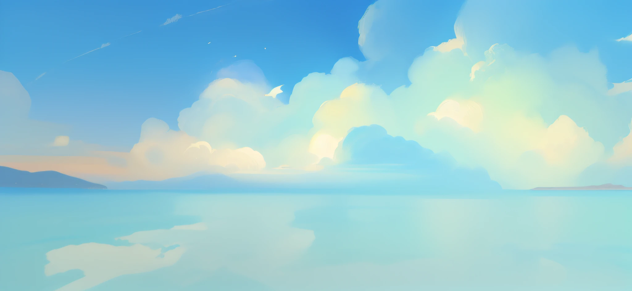 There is a painting,Where the sea and sky meet,There are some balloons in the sky,The sky is a little bluer,Add more cloud fragments,There is a feeling of wind blowing,Manhwa Style,High detail digital painting,Marine sketch in MS paint,in style of ghibli,Digital paintings ever,smooth.Digital painting,Digital 4K painting,Anime Sky,arte de fundo,drawn in anime painter studio,speedpaint。