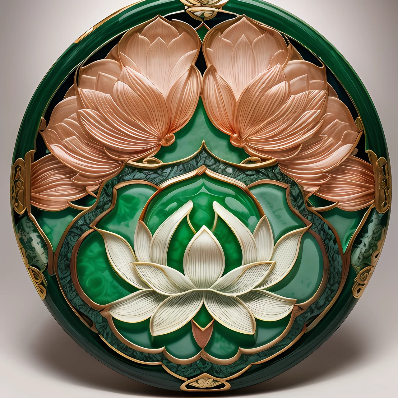 tmasterpiece,hyper qualit,Chinoiserie style,Classic elegance,Lotus pattern classic jade pendant,The surface of the jade pendant is decorated with a delicate lotus pattern,extreme hight detail,4K,Fantastic light and shadow,fantasticcolors