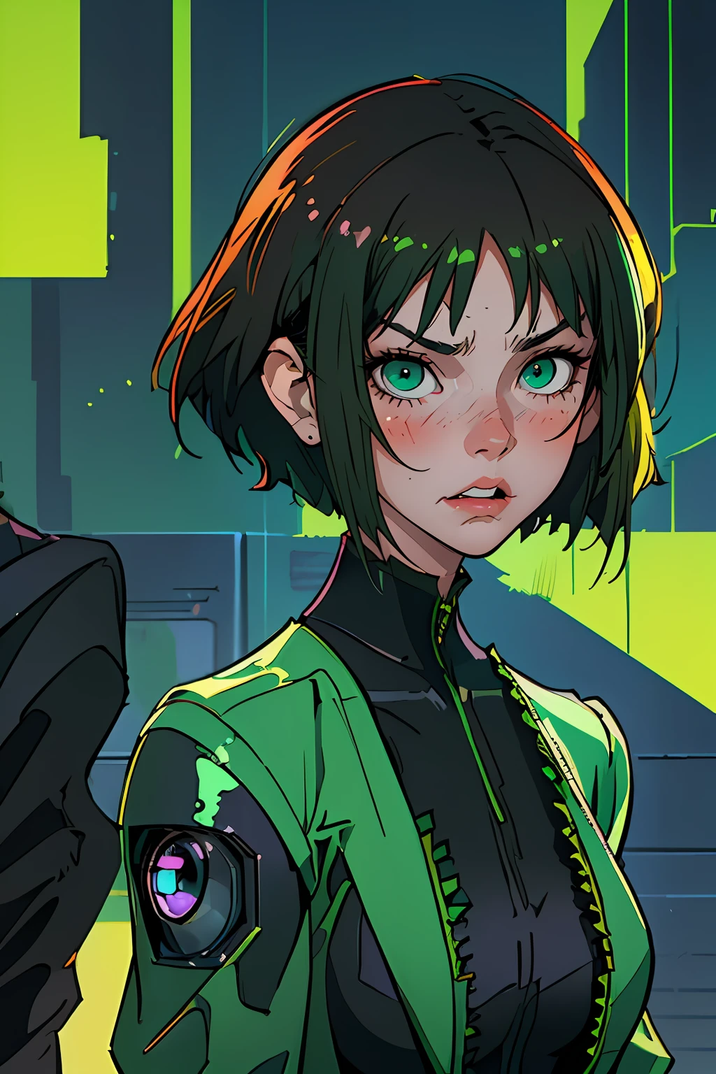 green colored eyes, An evil expression on his face, The corners of the lips are lowered, indignation, blush on the face, looks from the side, Short Hair Hair