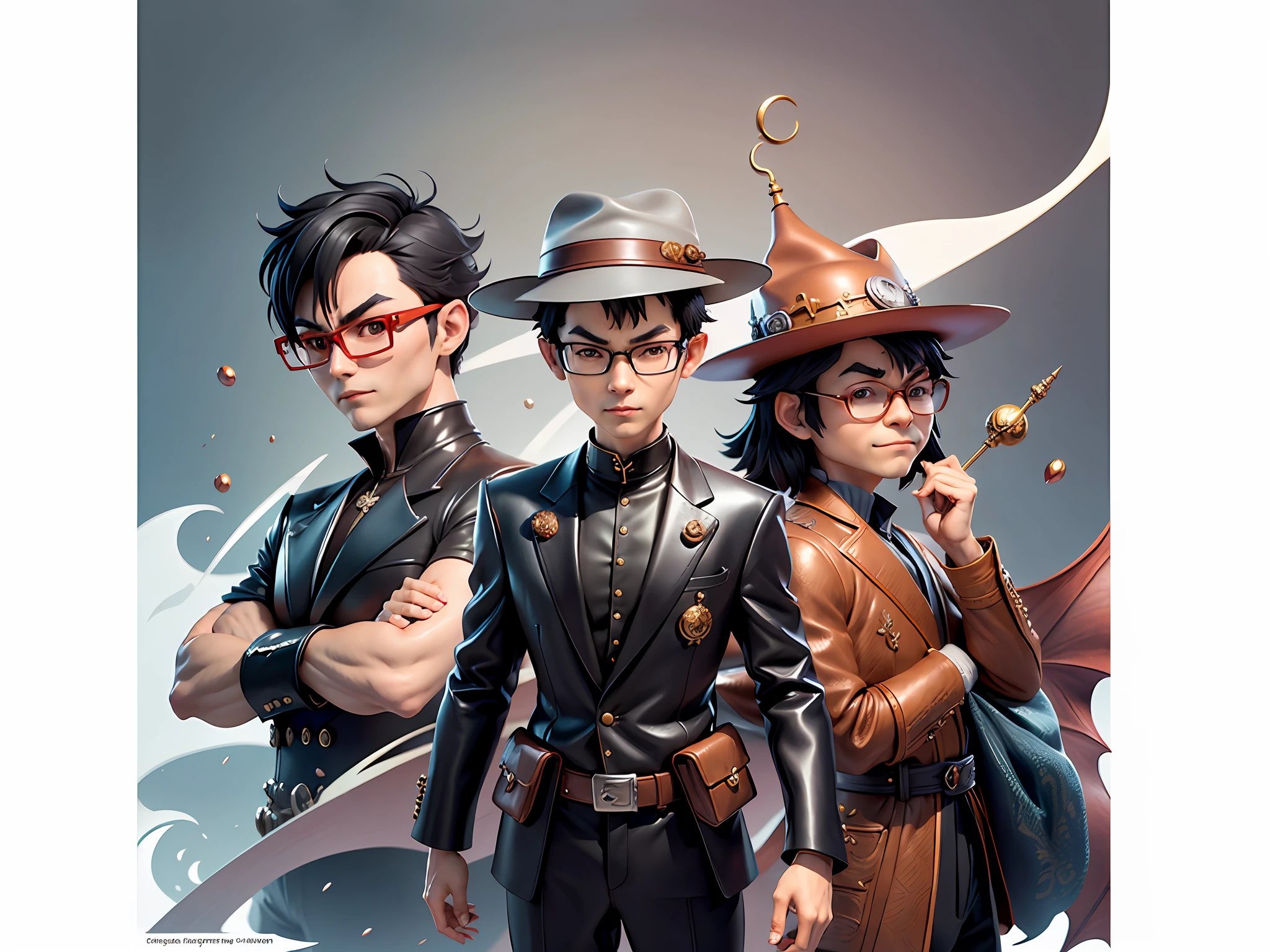 Young man with oriental face in leather hat, dragon, formal suit, short black hair, silver glasses, digital painting, 3D character design by Mark Clairedon and Pixar and Hayao Miyazaki and Akira Toriyama, the illustration is a high-definition illustration in 4K resolution with very detailed facial features and cartoon-style visuals.