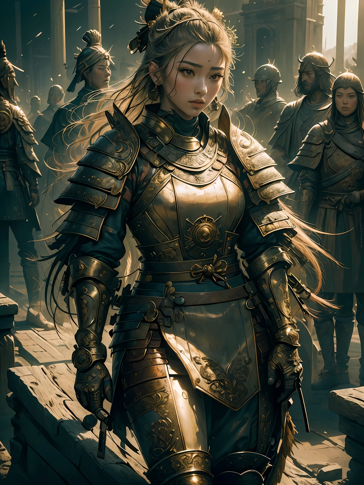 ((masterpiece))), (((best quality))), ((ultra-detailed)), (hyperrealistic), (highly detailed photo), natural lighting, photorealistic, extremely beautiful young lady, light makeup, intricate detailed eaba, samurai, shining, gloss, crisp, flirty, statues, epic, azure