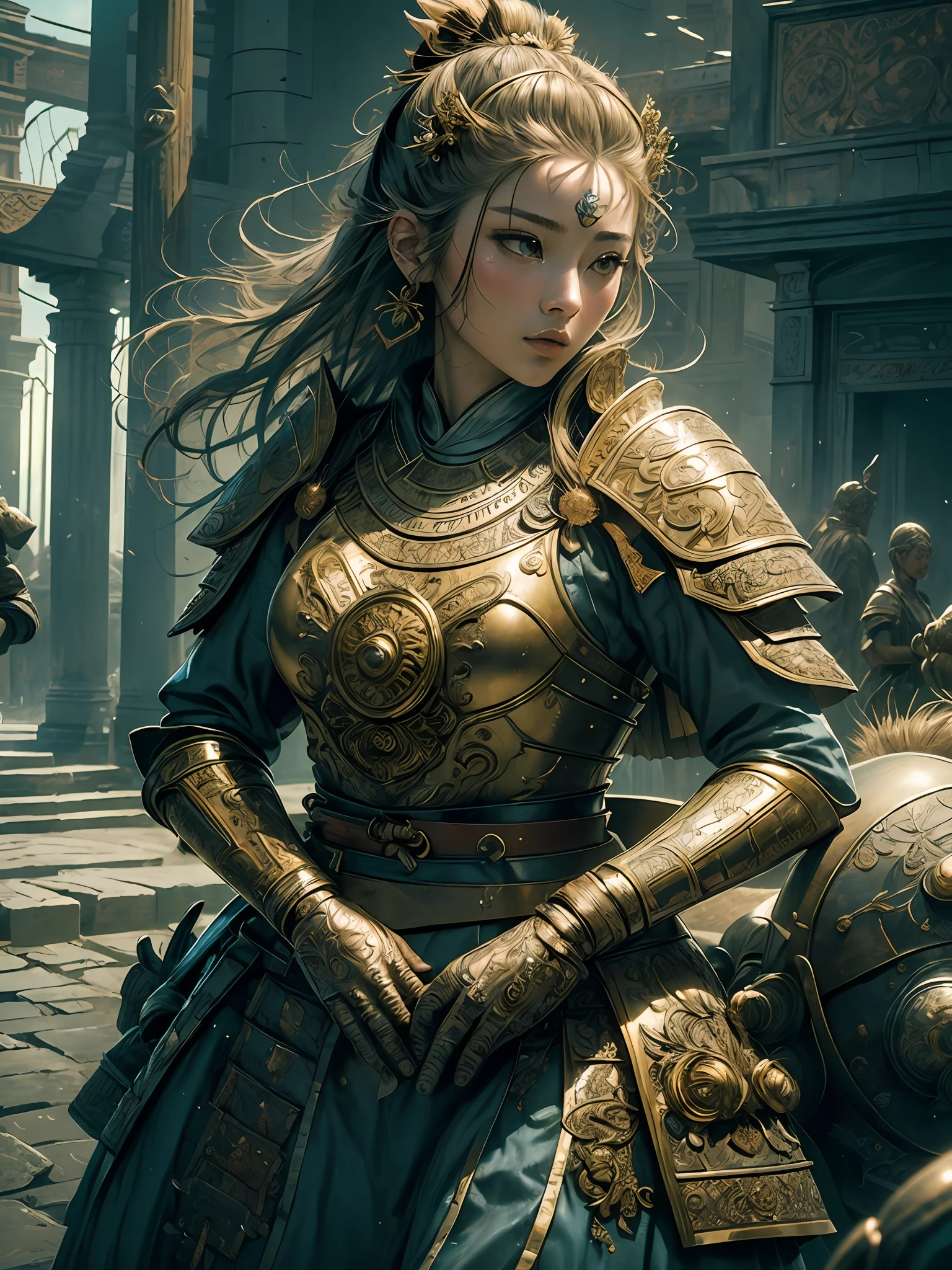 ((masterpiece))), (((best quality))), ((ultra-detailed)), (hyperrealistic), (highly detailed photo), natural lighting, photorealistic, extremely beautiful young lady, light makeup, intricate detailed eaba, samurai, shining, gloss, crisp, flirty, statues, epic, azure