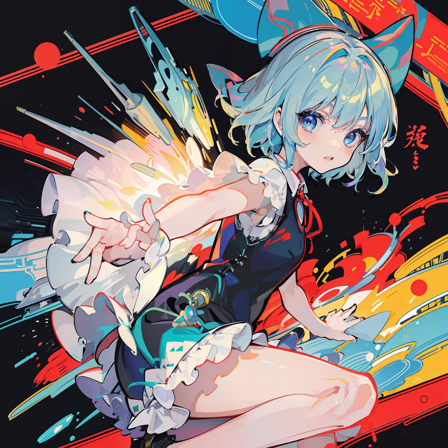 Illustration of young woman cheongsam, masutepiece, Fine details, 4K, 8K, 12K, Solo, 1 person, Beautiful Girl, caucasian female, , Cirno, Light blue hair, Short hair, Black cheongsam、Slit in clothes