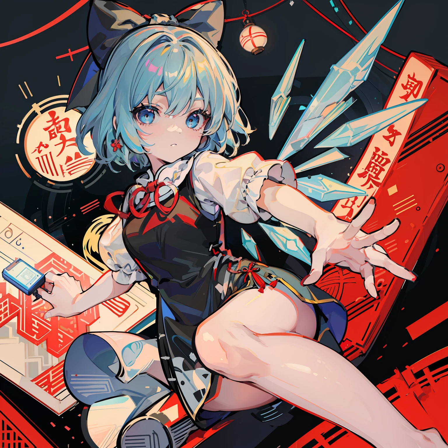 Illustration of young woman cheongsam, masutepiece, Fine details, 4K, 8K, 12K, Solo, 1 person, Beautiful Girl, caucasian female, 8 , Cirno, Light blue hair, Short hair, Black cheongsam、Slit in clothes