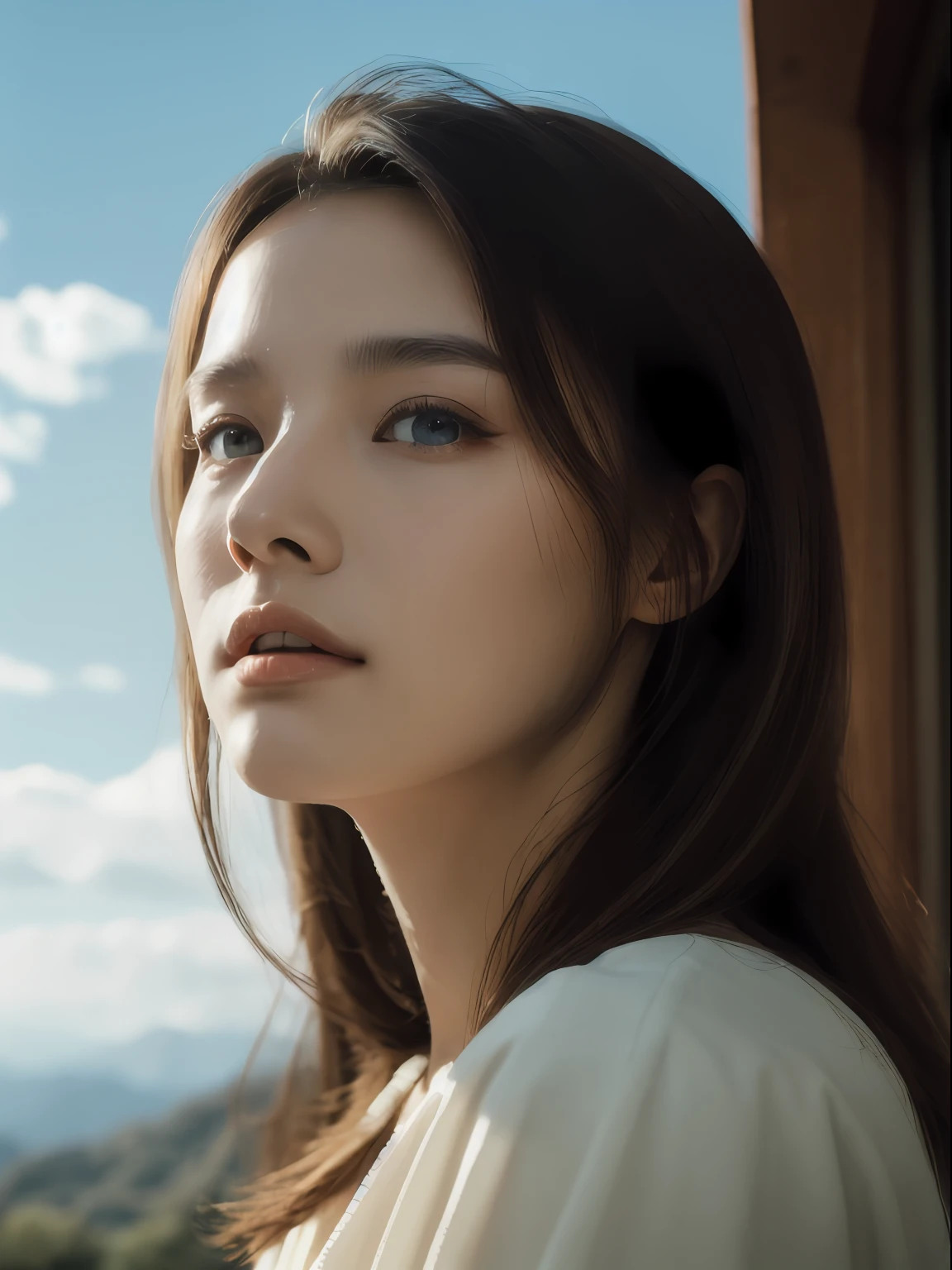 "((Pure+ultra-realistic realism),Fair skin texture,Bright eyes),lightand shade contrast,high textured,ultra HD picture quality,Side Body,tall nose bridge,dynamic angle,Clouds and mountains,palaces,Light tracing,realisticlying,offcial art,Unity 8k壁纸,ultra - detailed,A beautiful masterpiece,best qualityer,Glowing skin,cinmatic lighting"