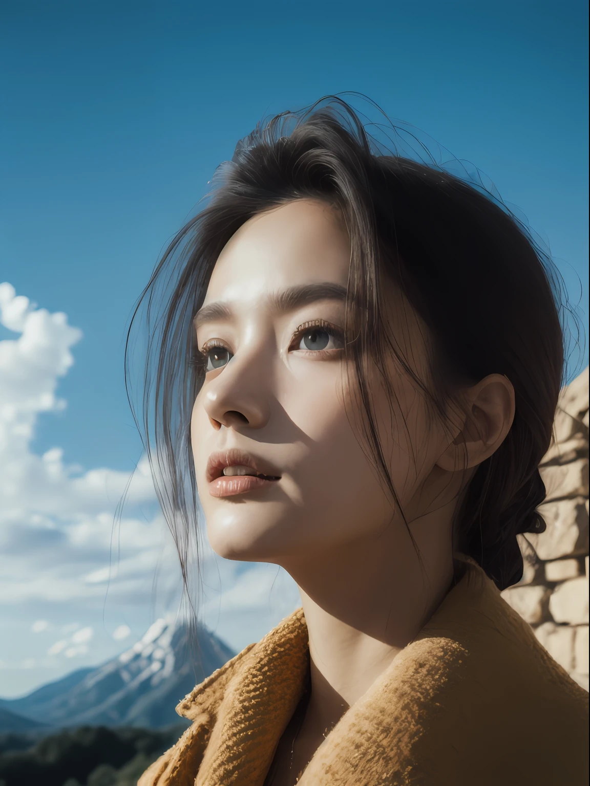 "((Pure+ultra-realistic realism)，Fair skin texture，Bright eyes)，lightand shade contrast，high textured，ultra HD picture quality，Side Body，tall nose bridge，dynamic angle，Clouds and mountains，palaces，Light tracing，realisticlying，offcial art，Unity 8k壁纸，ultra - detailed，A beautiful masterpiece，best qualityer，Glowing skin，cinmatic lighting"