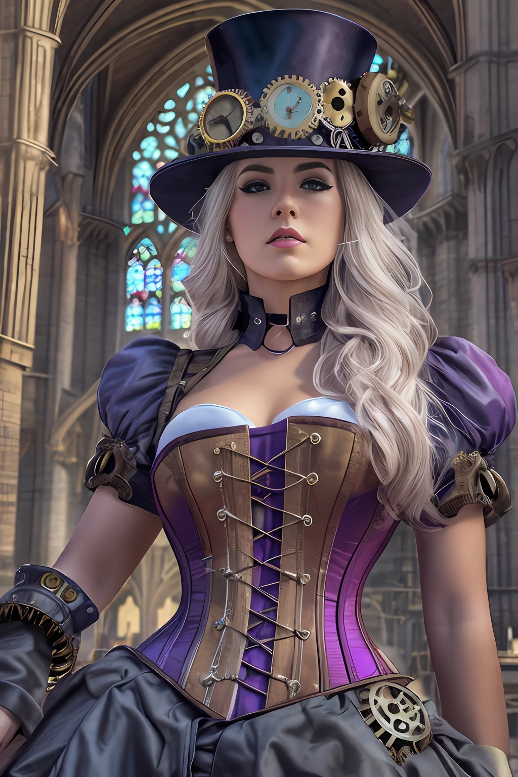 Hyperrealist full shot of steampunk gal by david hockney and alphonse mucha,photoh art, photo realistic, purple corset and stoking, dynamic lighting, artstation, poster, volumetric lighting, very detailed faces, 4 k, award winning, 1girl, gothic cathedral n background, deep shadow,(steampunk clothing:1.4) ,long hair,white hair,