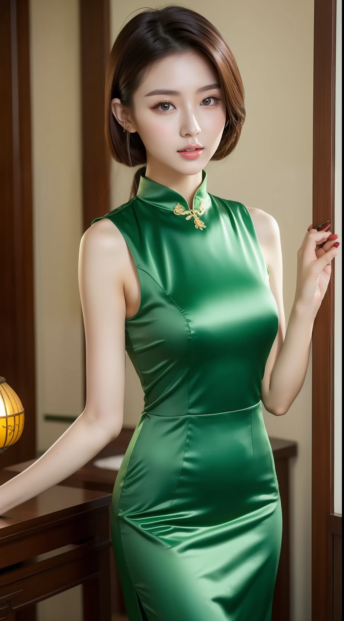 Asian woman in green dress standing next to lamp, Cheongsam, beautiful Korean women, Beautiful Asian Girl, Gorgeous young Korean woman, Chinese dress, gorgeous chinese model, gorgeous woman, sexy dress, Beautiful young Korean woman, Chinese girl, Beautiful Asian Woman, with beautiful exotic, Korean Woman, Korean Girl, attractive girl, Lovely woman