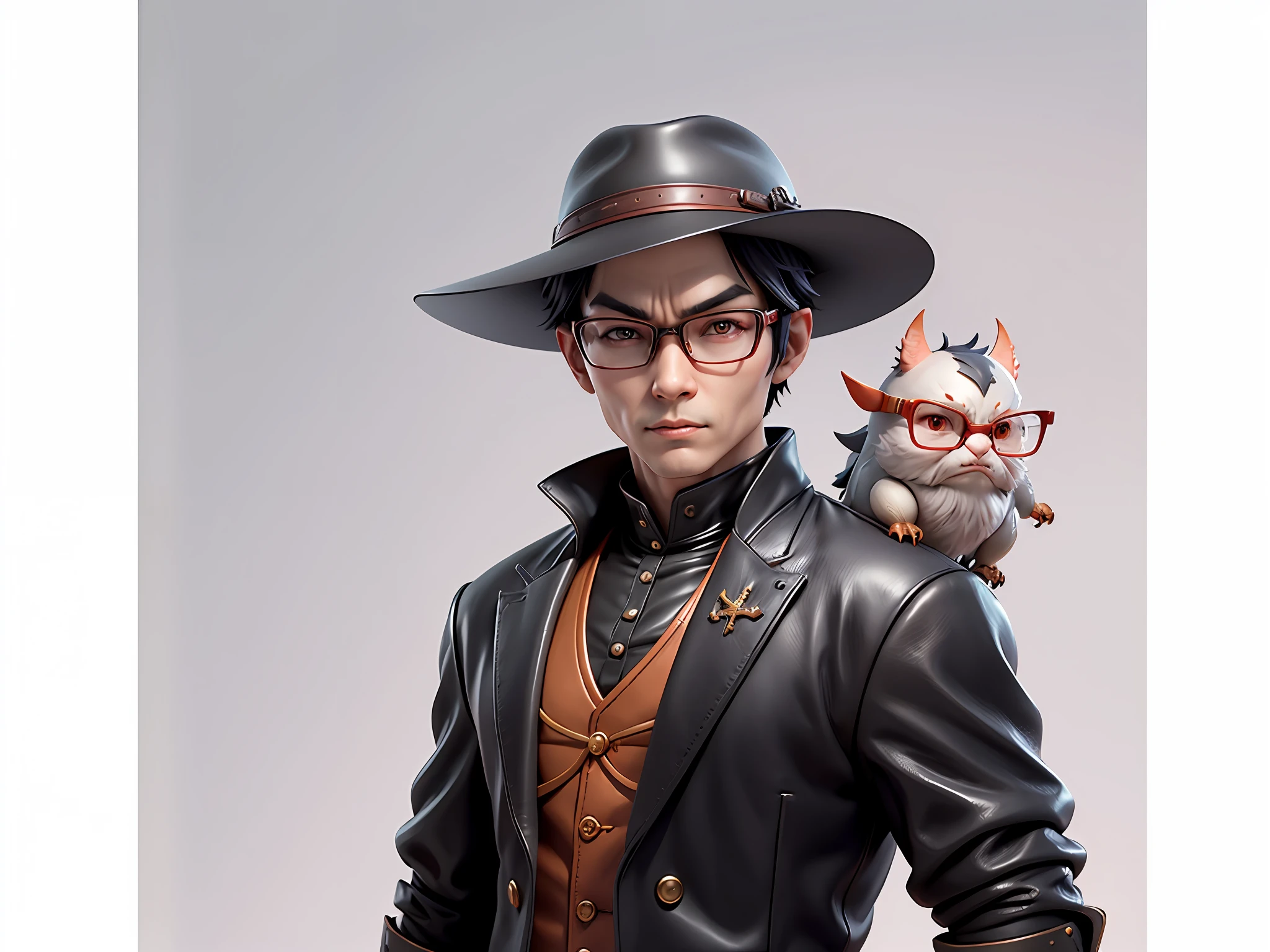 Young man with oriental face in leather hat, dragon, formal suit, short black hair, silver glasses, digital painting, 3D character design by Mark Clairedon and Pixar and Hayao Miyazaki and Akira Toriyama, the illustration is a high-definition illustration in 4K resolution with very detailed facial features and cartoon-style visuals.