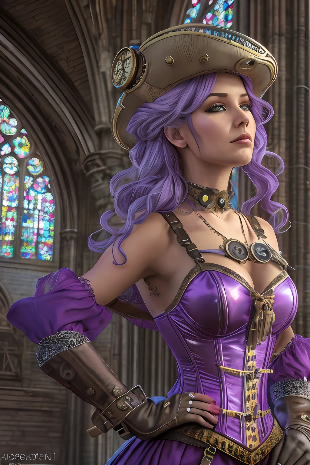 Hyperrealist full shot of steampunk gal by david hockney and alphonse mucha,photoh art, photo realistic, purple corset and stoking, dynamic lighting, artstation, poster, volumetric lighting, very detailed faces, 4 k, award winning, 1girl, gothic cathedral n background, deep shadow,(steampunk clothing:1.4) ,long hair,white hair,