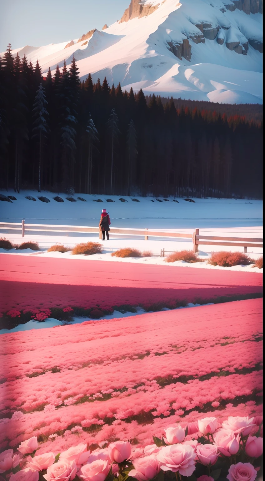 Um campo de rosas vermelhas, frio, geada, neve, Canada, estilo anime,