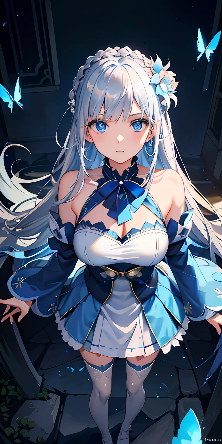 (Overhead view),dynamic angle,ultra-detailed, illustration, close-up, straight on, 1girl, (fantasy:1.4), (azure blue eyes:1.233),Her eyes shone like dreamy stars,(glowing eyes:1.233),(beautiful and detailed eyes:1.1),(Silver hair:1.14),(messy hair,very long hair,french braid,hair between eyes,sidelocks), (+(bule hair flower:1.14)),(chiffon dress,bule flower pattern in uniform)/=(military uniform:1.24),(detached sleeves,wide sleeves),(fingerless gloves),choker,(miko thighhighs),High heeled boots,(expressionless,closed mouth),(standing), (classical Princess boudoir with dressing tableand french windowin a white ancient palaces),(white flowers,bloom),(abysmal sea),(flowing water),(a dull blue world tree:1.14),(ruins),(night:1.2),dreamy,soul,(fluorescence),(flying translucent blue butterflies:1.15), [[delicate fingers and hands:0.55]::0.85],(detail fingers),(yubao:0.5),