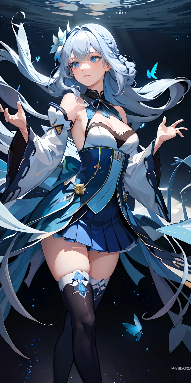 (Overhead view),dynamic angle,ultra-detailed, illustration, close-up, straight on, 1girl, (fantasy:1.4), (azure blue eyes:1.233),Her eyes shone like dreamy stars,(glowing eyes:1.233),(beautiful and detailed eyes:1.1),(Silver hair:1.14),(messy hair,very long hair,french braid,hair between eyes,sidelocks), (+(bule hair flower:1.14)),(chiffon dress,bule flower pattern in uniform)/=(military uniform:1.24),(detached sleeves,wide sleeves),(fingerless gloves),choker,(miko thighhighs),High heeled boots,(expressionless,closed mouth),(standing), (classical Princess boudoir with dressing tableand french windowin a white ancient palaces),(white flowers,bloom),(abysmal sea),(flowing water),(a dull blue world tree:1.14),(ruins),(night:1.2),dreamy,soul,(fluorescence),(flying translucent blue butterflies:1.15), [[delicate fingers and hands:0.55]::0.85],(detail fingers),(yubao:0.5),
