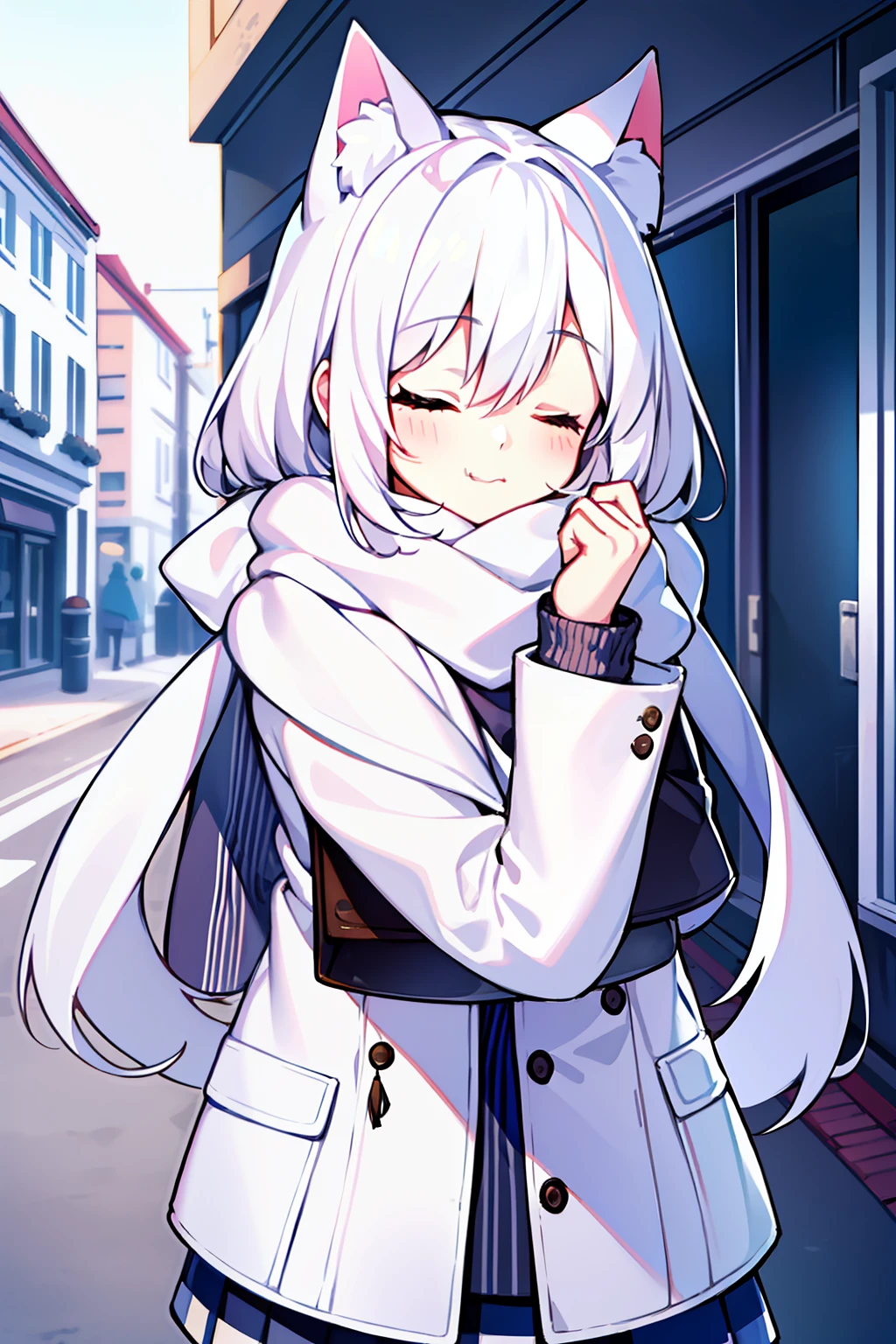 masterpiece, best quality, 1girl, white hair, medium hair, cat ears, closed eyes, looking at viewer, :3, cute, scarf, jacket, outdoors, streets,