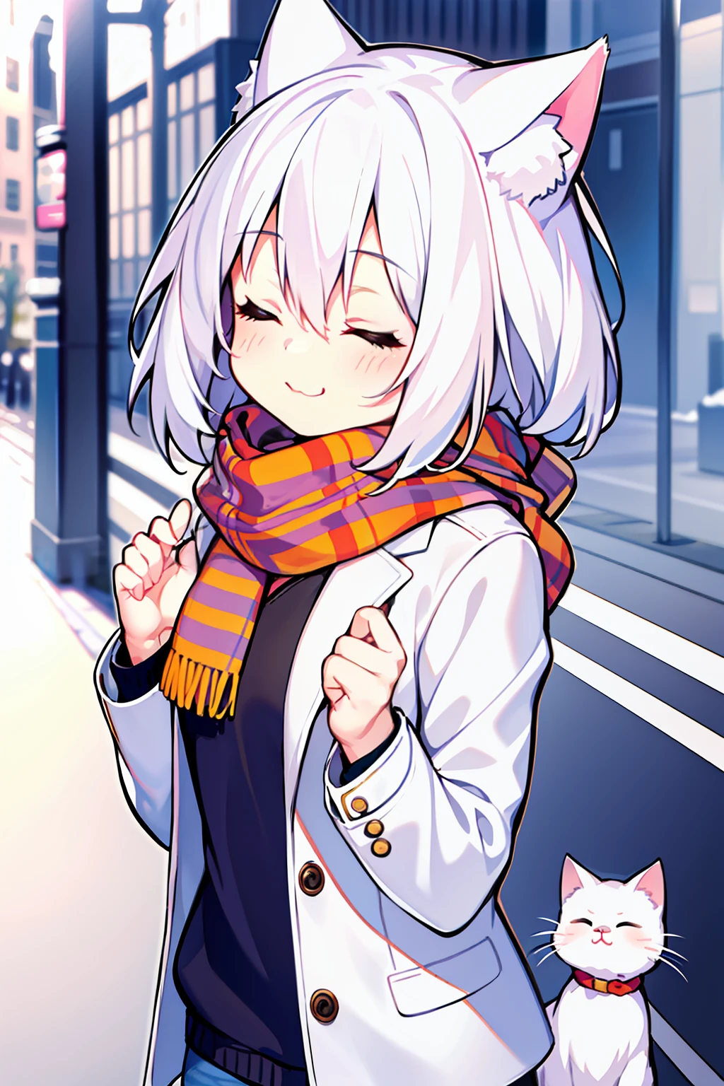 masterpiece, best quality, 1girl, white hair, medium hair, cat ears, closed eyes, looking at viewer, :3, cute, scarf, jacket, outdoors, streets,