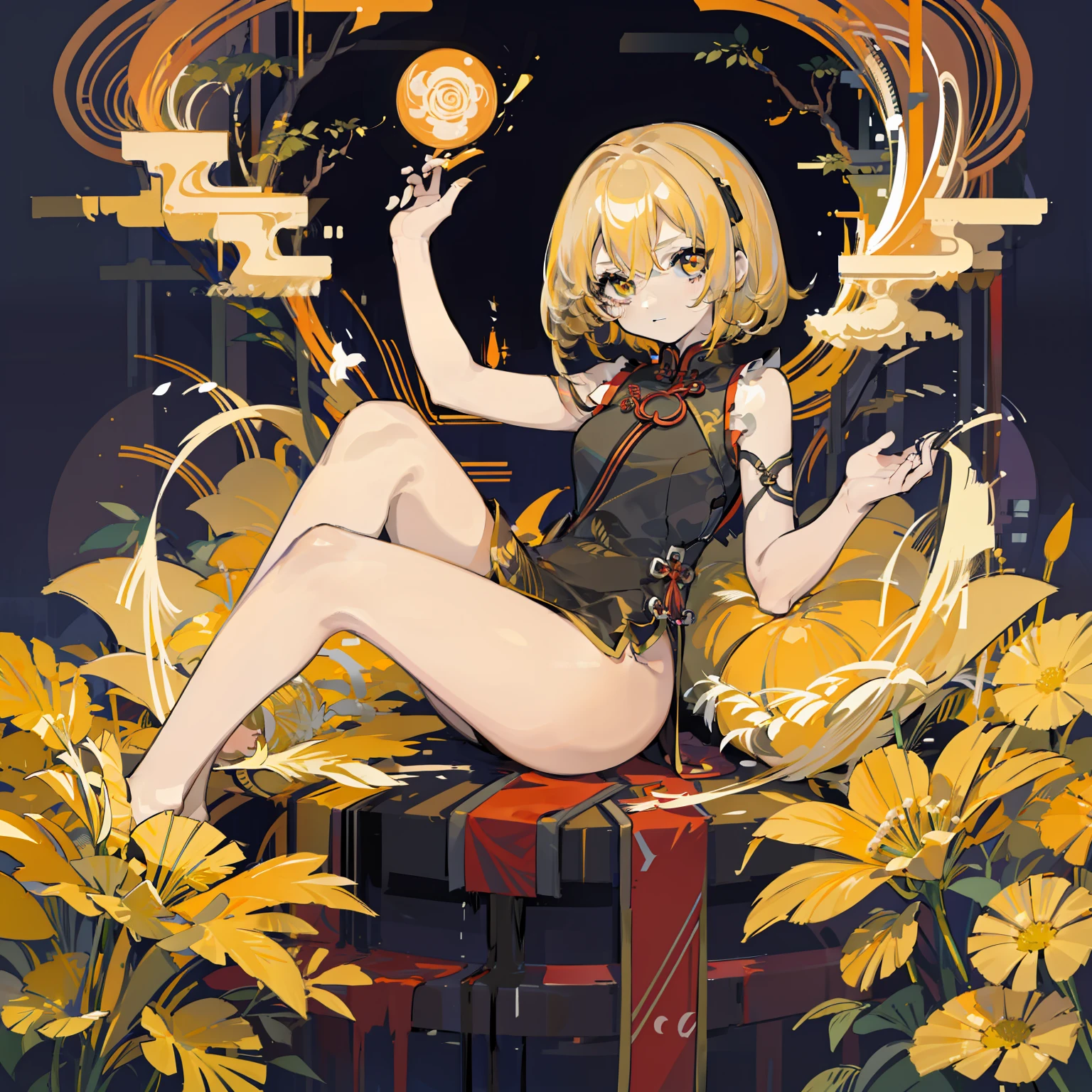 Young woman cheongsam illustration, masutepiece, Fine details, 4K, 8K, 12K, Solo, 1 person, Beautiful Girl, caucasian female, , Lumia, Yellow hair, Short hair, Black cheongsam、Slit in clothes