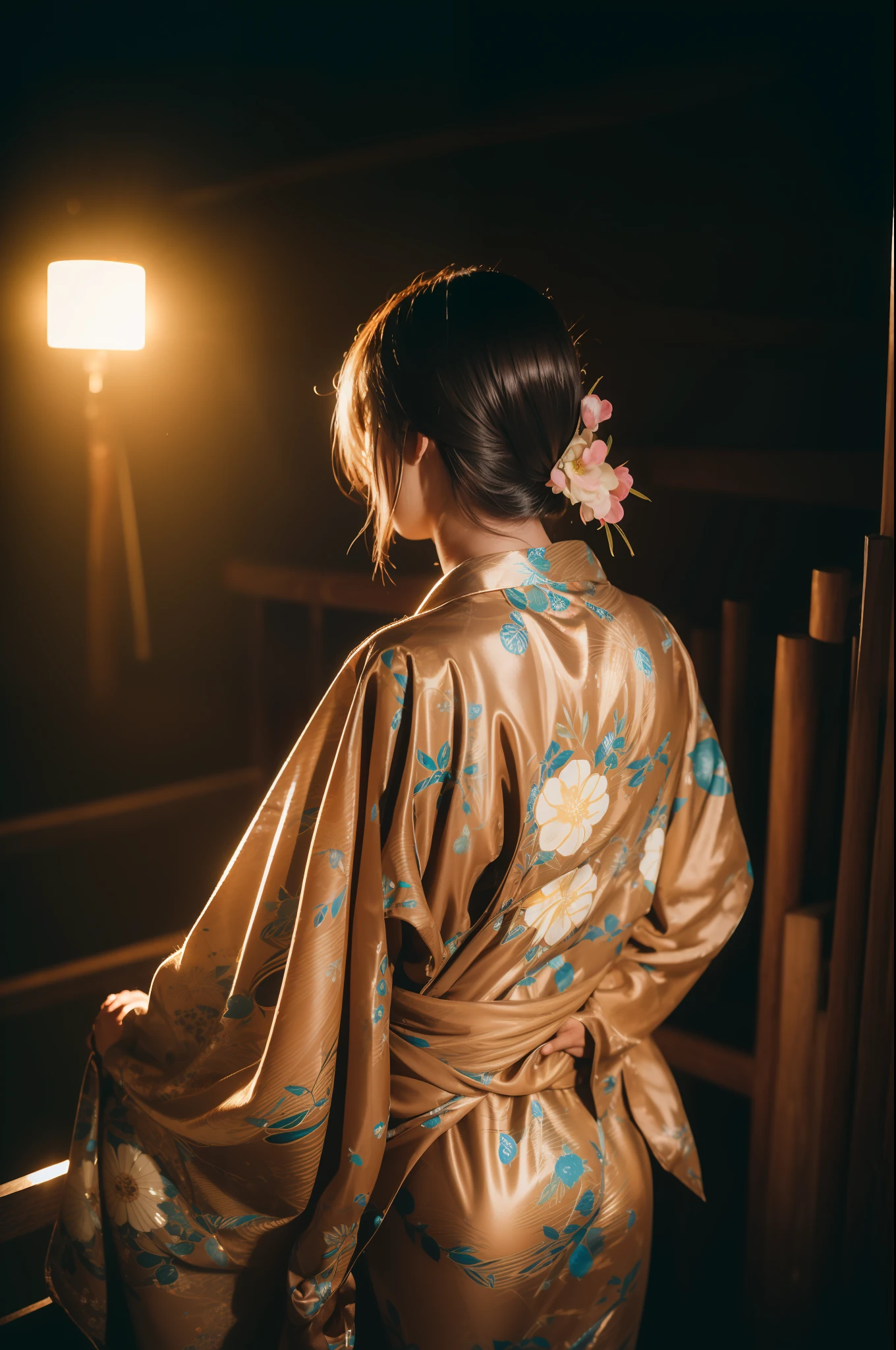 Ass, gyaru, (shiny oiled skin:1.2), Wearing traditional patterned Japanese kimono, in onsen, thick fog, sony a7, film grain, dark night, Photorealistic, one-point perspective, 32K, diffuse reflection, colorful shiny particles, Lens Flare, soft lighting