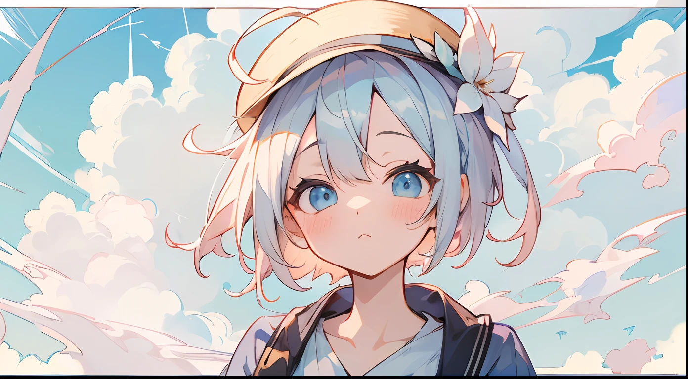 ((4K, masutepiece, absurderes, hight resolution, Best Quality, ultra-detailliert)), 1girl in, white short hair, Two-tone hair, Pony tail, Forehead, bangs pinned back, Ahoge, Light blue eyes, Cute, blush, upward-eyed, Big eyes, tareme, Beach, Dress, a straw fedora hat, cumulonimbus clouds,