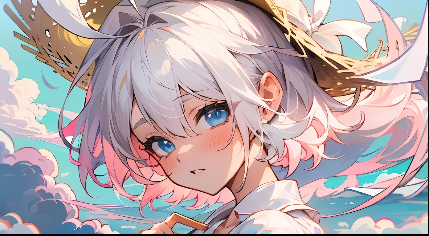((4K, masutepiece, absurderes, hight resolution, Best Quality, ultra-detailliert)), 1girl in, white short hair, Two-tone hair, Pony tail, Forehead, bangs pinned back, Ahoge, Light blue eyes, Cute, blush, upward-eyed, Big eyes, tareme, Beach, Dress, a straw fedora hat, cumulonimbus clouds,