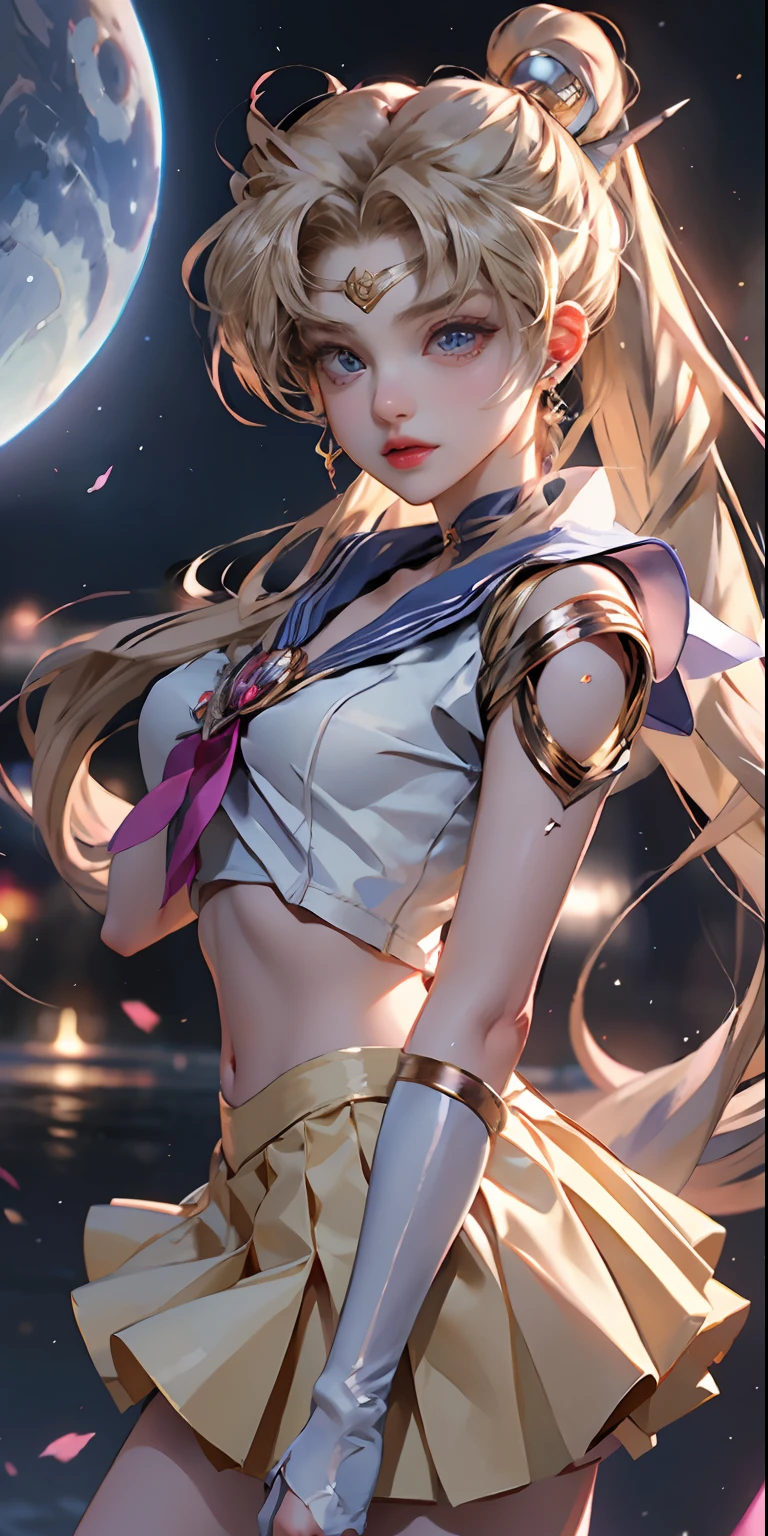 ((Masterpiece)), (Best Quality), (Super Detail), ((Very Detailed)), 4K, (8K), Sailor Moon, Long Blonde, Double Ponytail, Aesthetic sailor moon, Dream Core, coated school shirt, yellow skirt