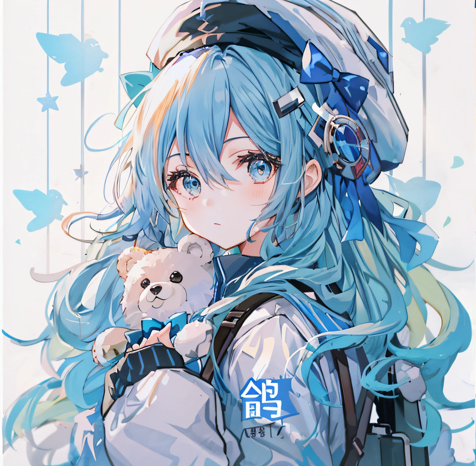 Anime girl with blue hair and backpack holding teddy bear, mikudayo, Anime girl with teal hair, style of anime4 K, Highest rated on Pisif, white cyan, tsuaii, Pisif, anime moe art style, shikishi, Pisif style, trending on artstation pixiv, vocaloid