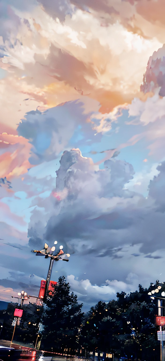 There are a lot of lights on the side of the road, Epic clouds and lighting, light and clouds, epic clouds and godlike lighting, intimidating clouds, thunderclouds in the sky, dark stormy clouds, giant clouds, surreal clouds, aesthetic clouds in the sky, Dramatic spinning clouds, looming surreal sky, sky with swirling clouds, Beautiful cloudy atmosphere